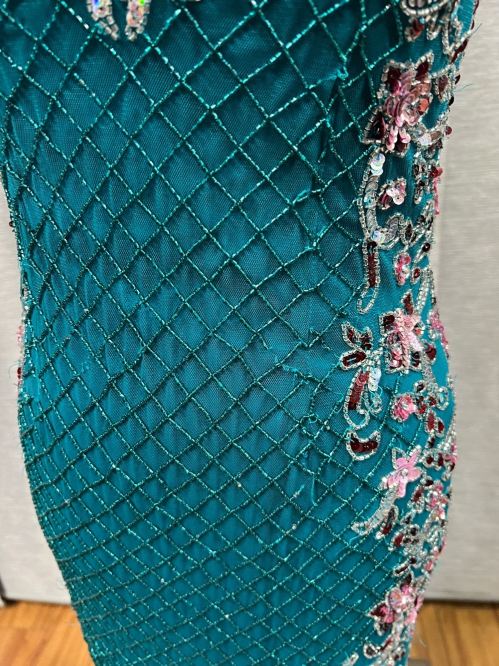 Prom Dress Teal Beaded V-Neck Evening Gown- Primavera Couture Style #3405 - Picture 4 of 7